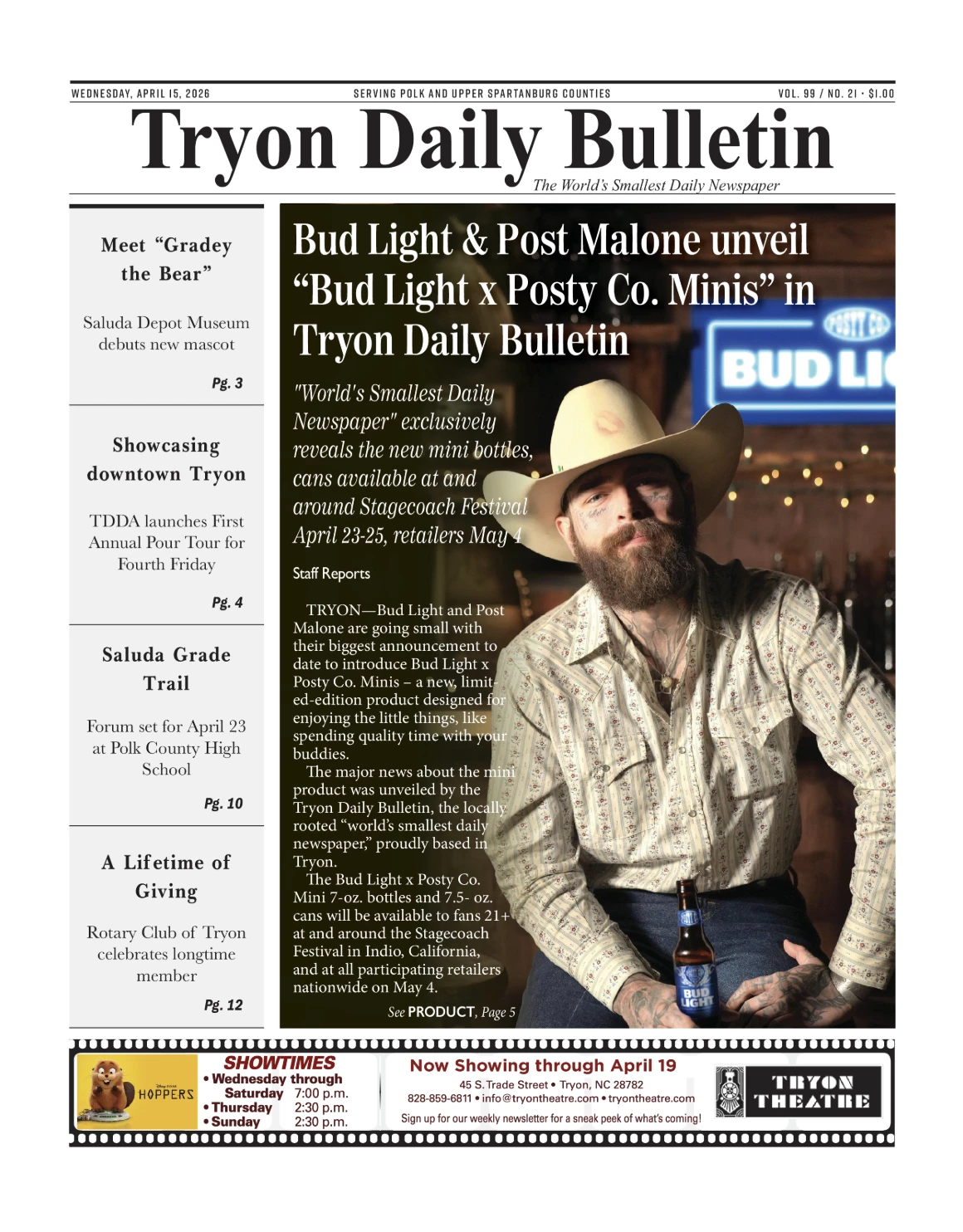 The Tryon Daily Bulletin featuring Bud Light and Post Malone | Source: Bud Light The Tryon Daily Bulletin featuring Bud Light and Post Malone | Source: Bud Light