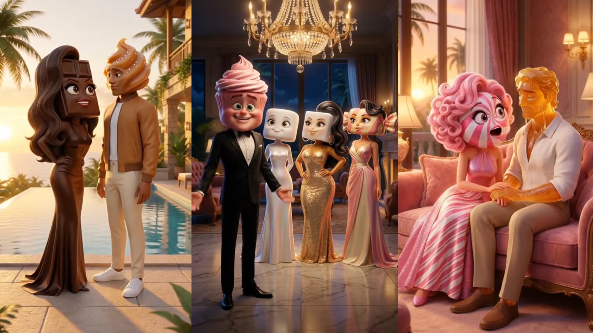 A triptych of AI-generated images in an animated style showing anthropomorphic candy and dessert characters in formal clothing.