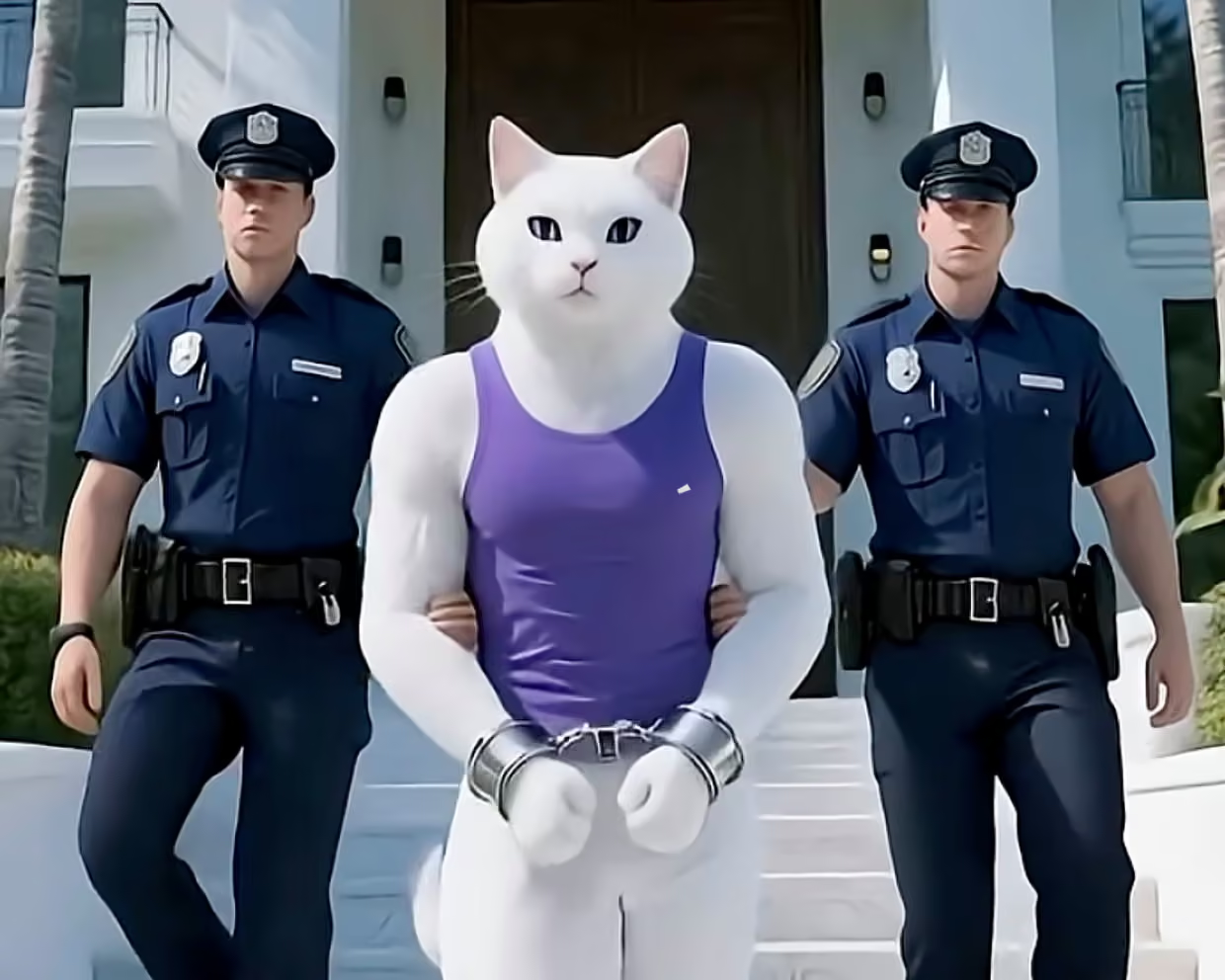 An AI-generated still showing a white cat with a human body wearing a purple tank top, hands in handcuffs, flanked by two human police officers in front of a white mansion.