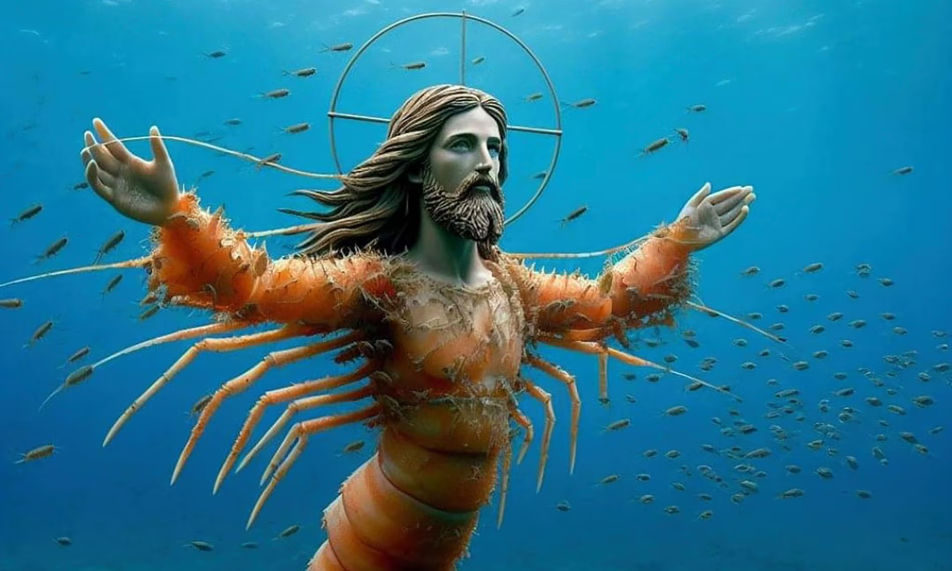 An AI-generated image depicting a figure resembling Jesus Christ with arms outstretched, his body fused with a shrimp or lobster shell.