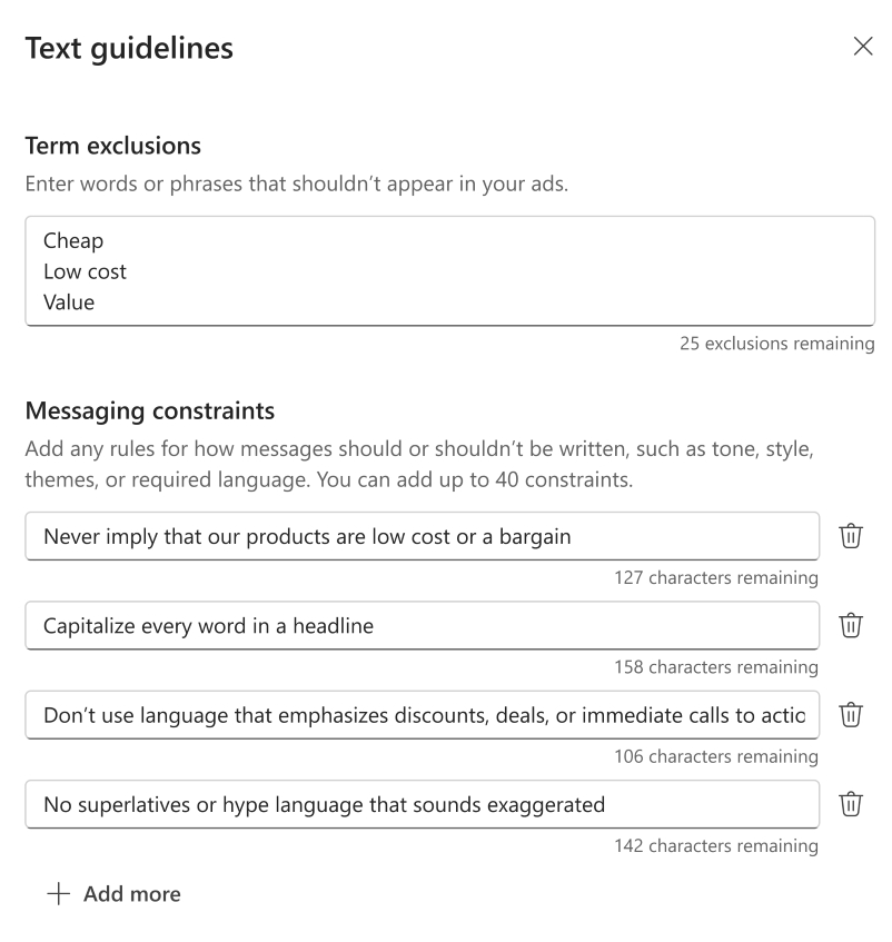 Microsoft Advertising interface showing term exclusions and messaging constraints settings for AI-generated ad copy control
