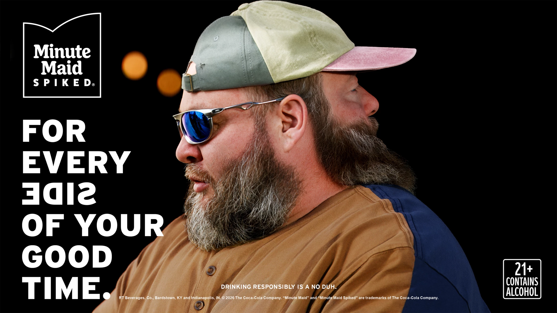 Rapper Action Bronson in Minute Maid Spiked's campaign promoting the brand's AI tool that allows people to generate a double head