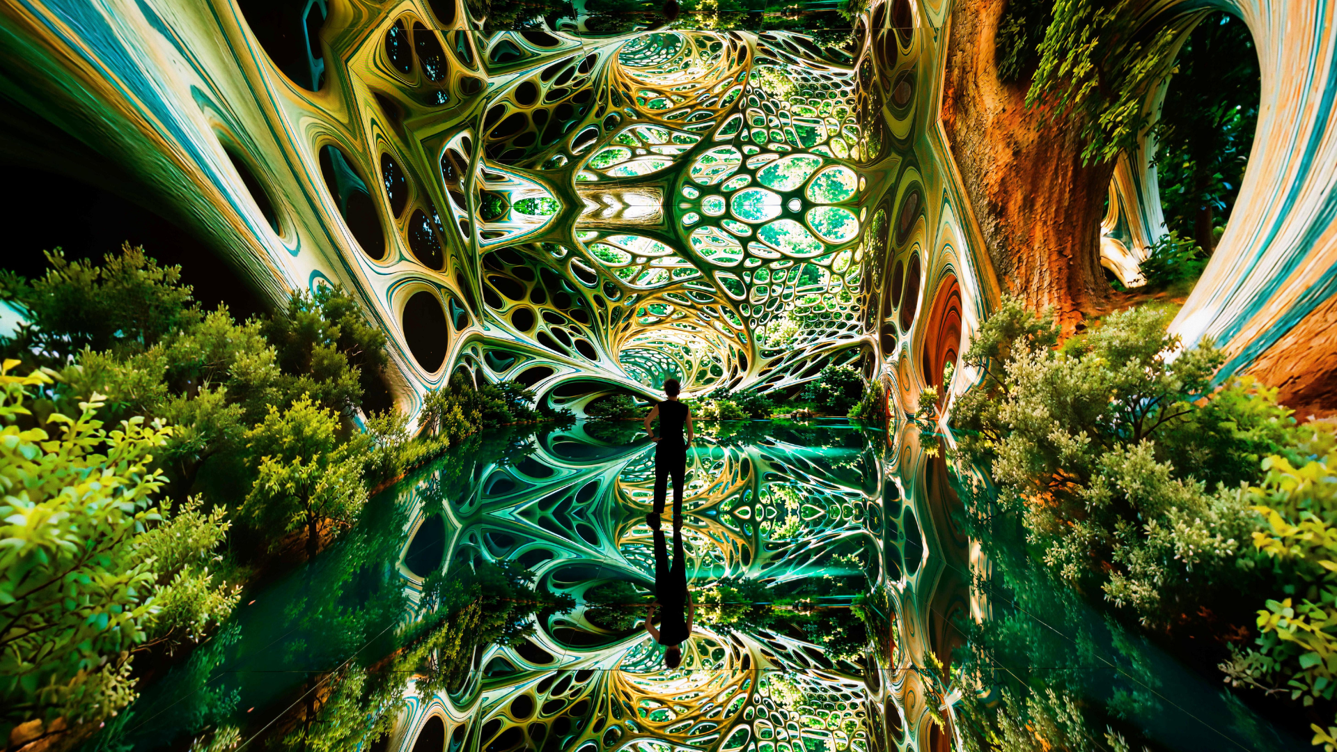 Visitor standing inside Dataland's immersive Infinity Room