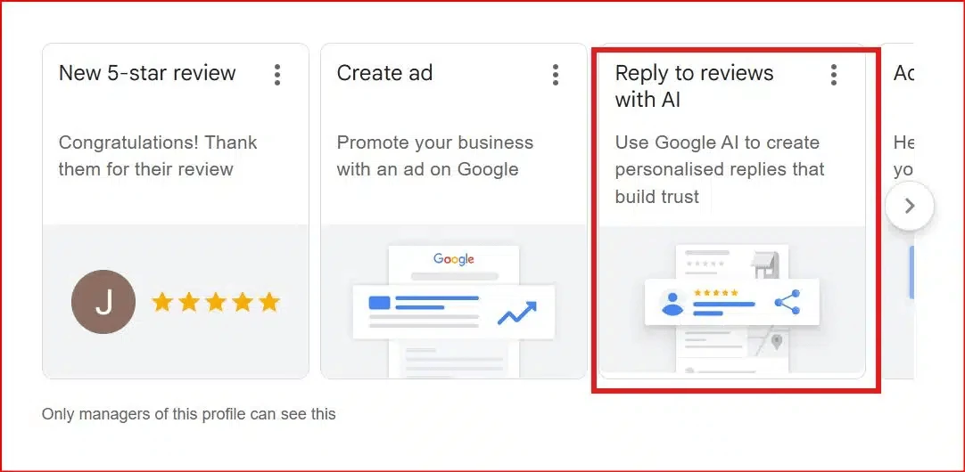 Screenshot of Google Business Profile interface highlighting the “Reply to reviews with AI” feature for personalized responses.