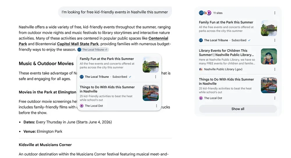 Screenshot showing Google AI Mode inline citation previews with hover cards and subscription-highlighted sources from followed news outlets
