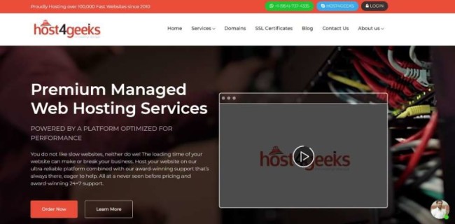 Host4Geeks home page screenshot as one of the top hosting providers