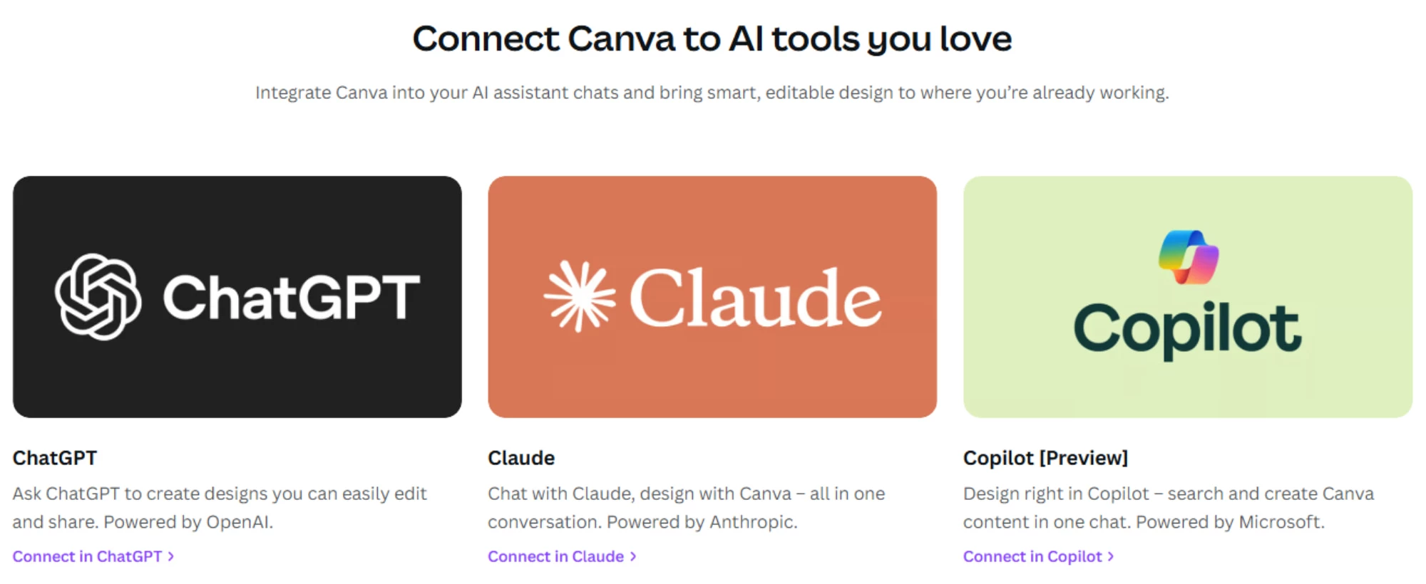 Canva integration page showing connection options for ChatGPT, Claude, and Microsoft Copilot with logos and brief descriptions on colored backgrounds