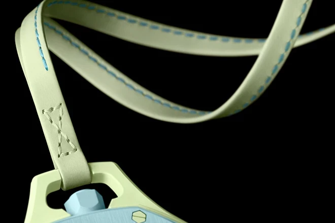 ap-x-swatch-royal-pop-light-green-lanyard Light green bioceramic watch case with calfskin lanyard.