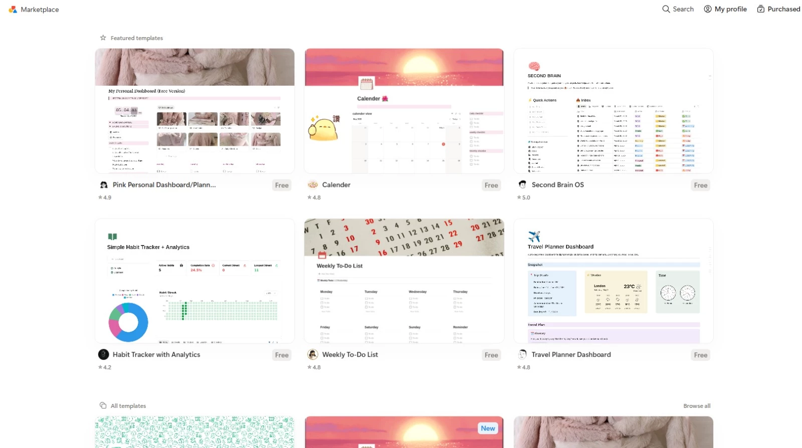 Notion templates page