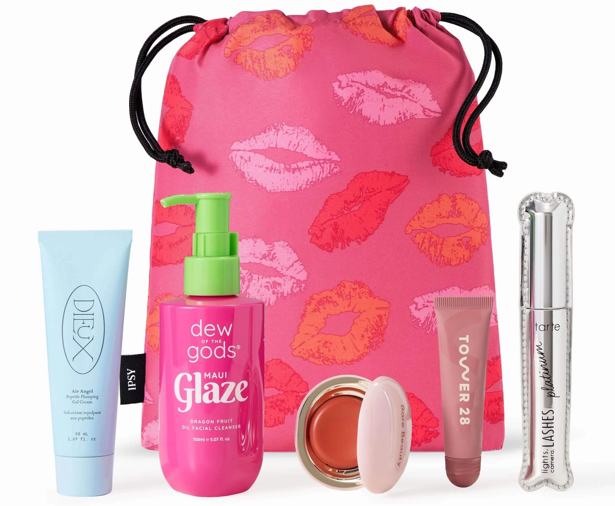 IPSY's collectible drawstring bag redesigned in Marilyn Monroe fashion with lip prints and signature. Two diamonds and a black corded phone accompany it.