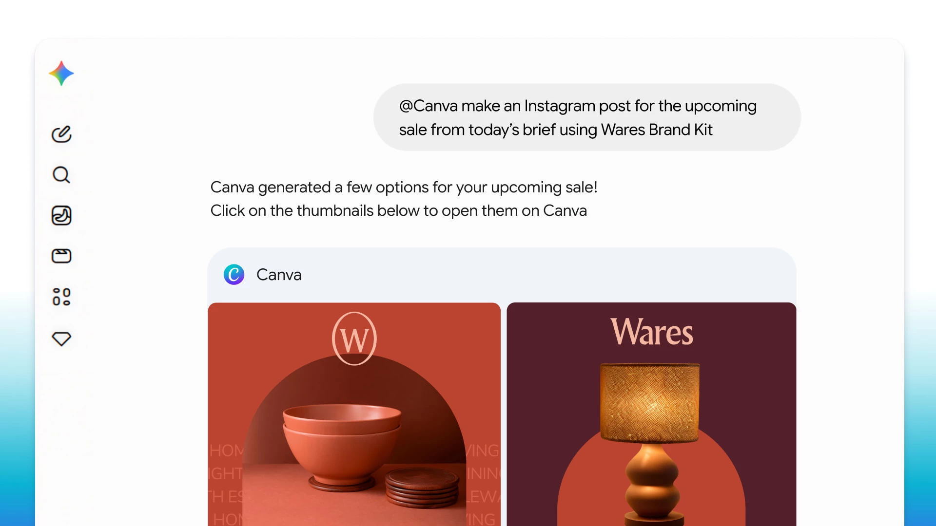 A user prompts Canva inside Google Gemini to generate Instagram post options for an upcoming sale using the Wares Brand Kit