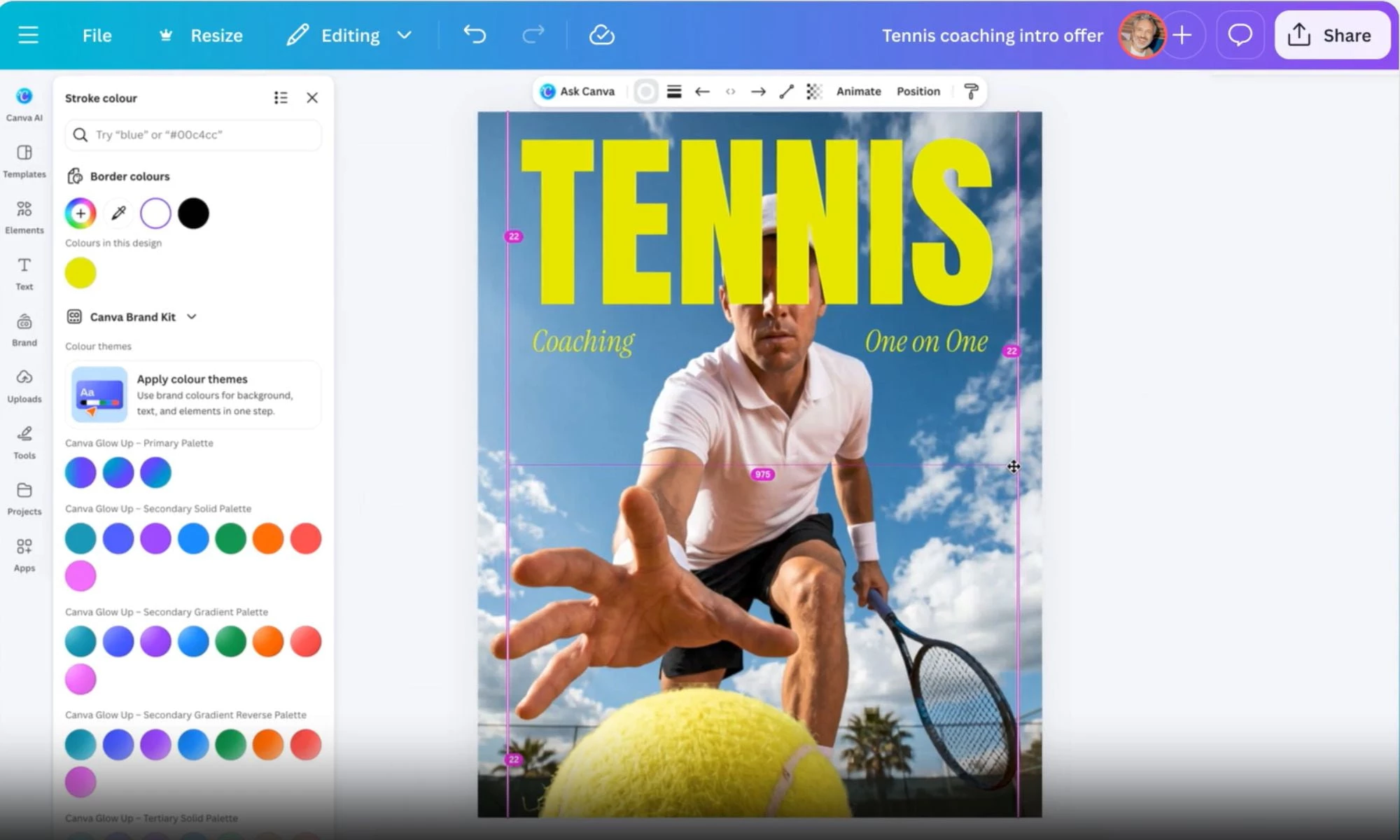 A tennis coaching promotional design open in the Canva editor, showing Brand Kit color palettes and brand consistency tools in the left panel