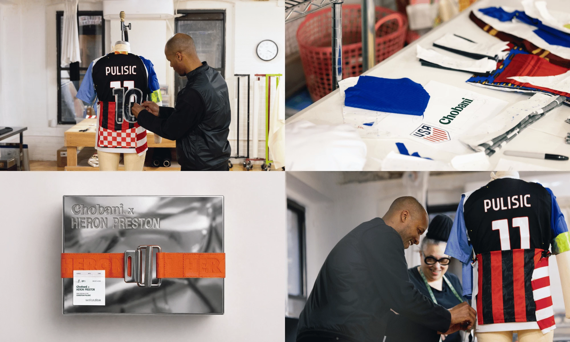 Heron Preston works on a custom Pulisic shirt beside fabric pieces and campaign materials.
