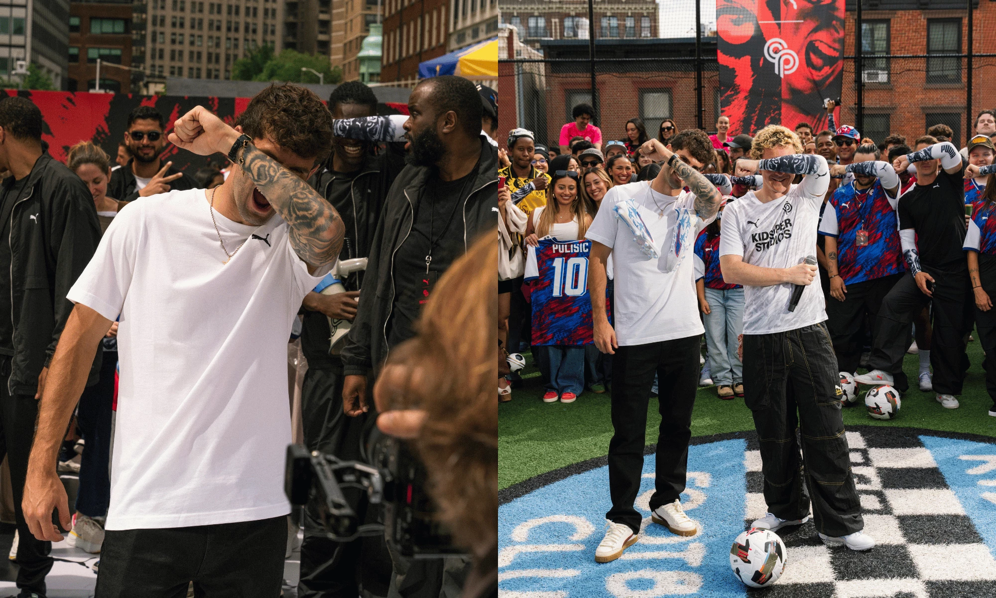 Christian Pulisic Leads Fans in His Goal Celebration Christian Pulisic and Colm Dillane lead fans in the tiger tattoo celebration during PUMA’s rooftop soccer event.