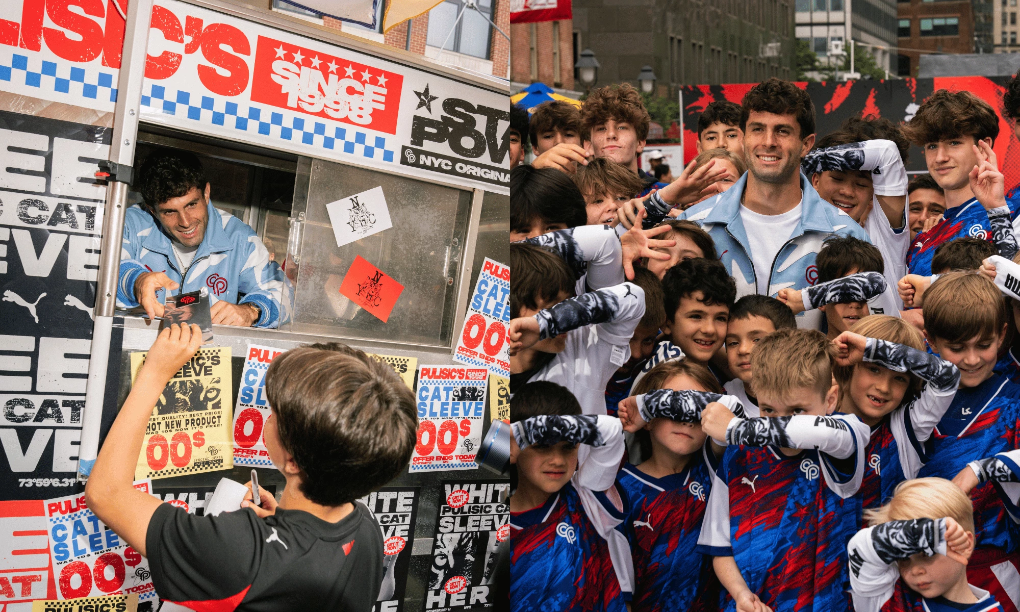 Christian Pulisic Leads Fans in His Goal Celebration Christian Pulisic meets young soccer fans during PUMA’s New York City takeover, with supporters wearing his signature tattoo sleeves.