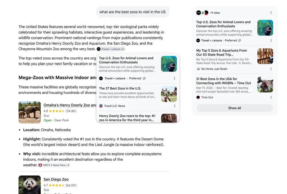 A screenshot of a Google AI Mode response showing a Preferred Sources label next to Travel + Leisure in both the inline citation and the right-side sources panel.