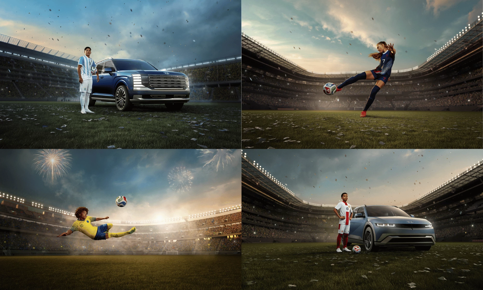 Hyundai Links Rising Soccer Talent With Mobility Hyundai’s campaign shows rising soccer players in stadium scenes alongside Hyundai vehicles.