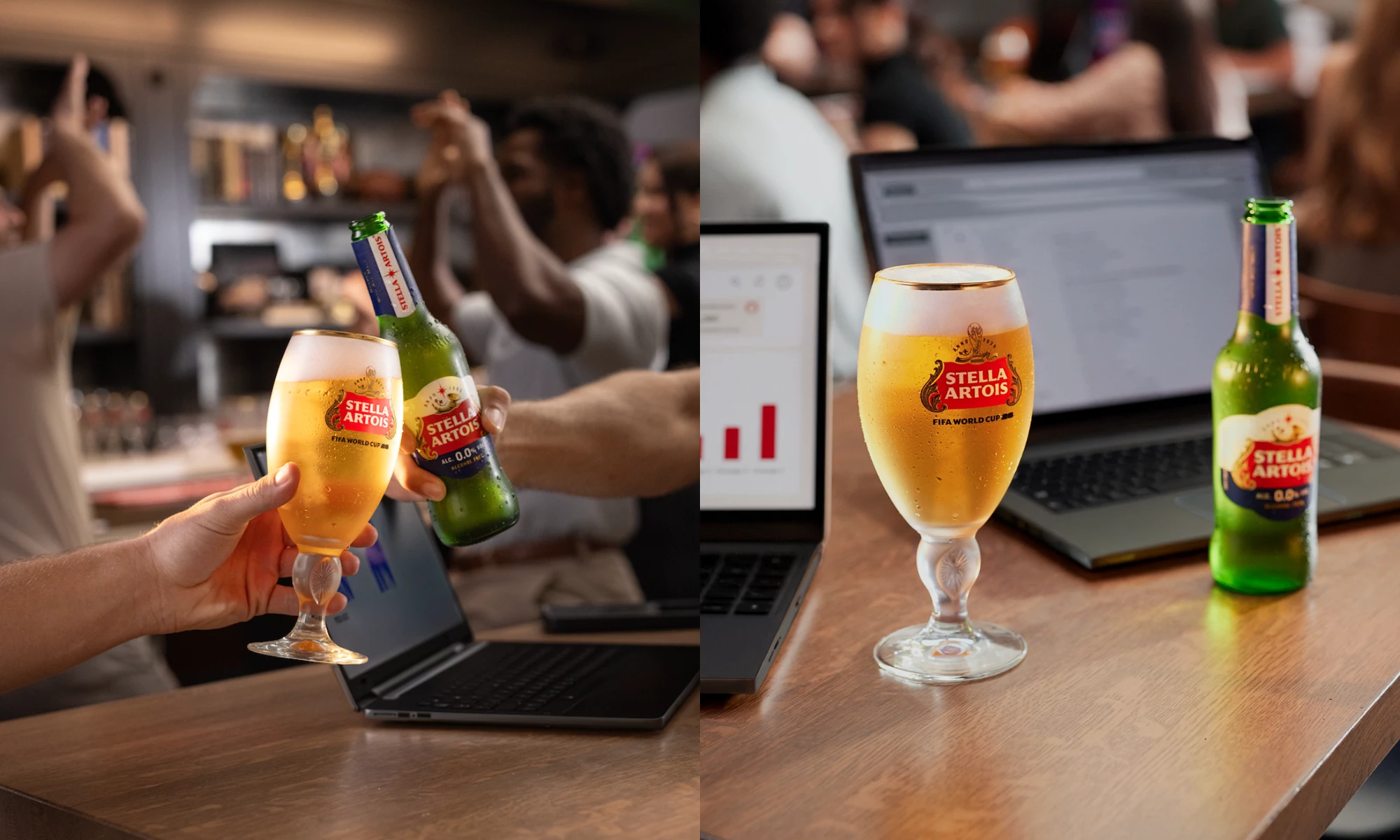 Stella Artois drinks appear beside laptops as fans watch soccer from a bar during working hours.