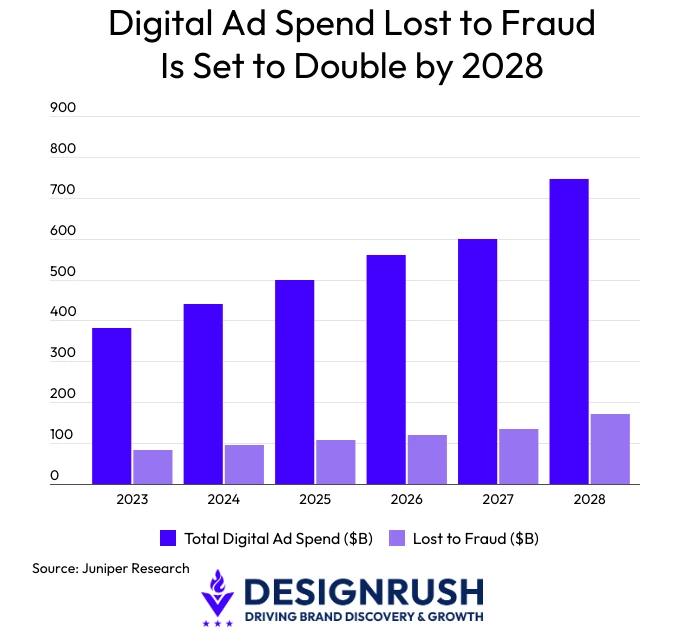 Total digital ad spend versus the share lost to fraud from 2023 to 2028, with fraud losses projected to reach $172B | Source: Juniper Research
