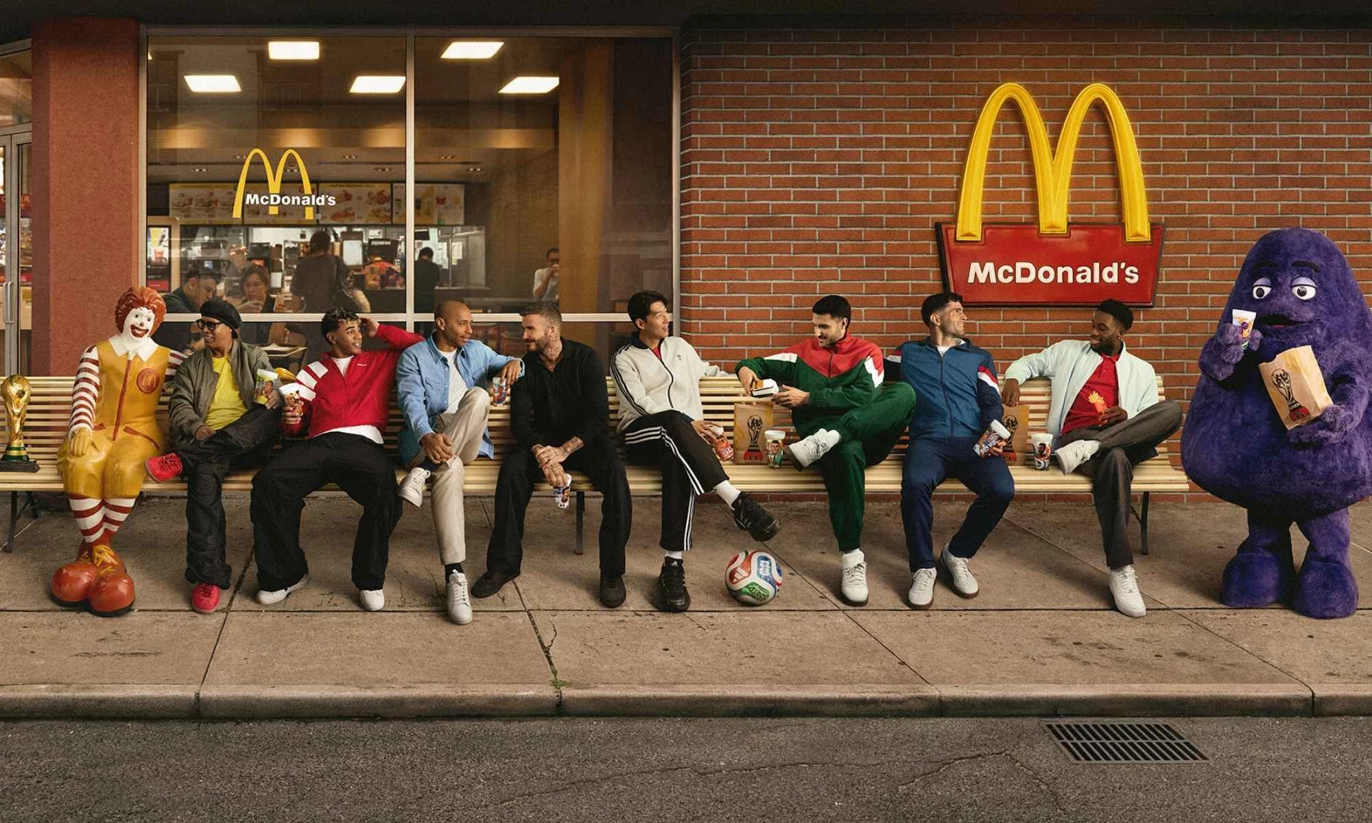 mcdonalds-fifa-line-up Ronald McDonald, David Beckham, Ronaldinho, Thierry Henry, Christian Pulisic, Son Heung-min, Alphonso Davies, Santiago Gimenez, Lamine Yamal, and Grimace