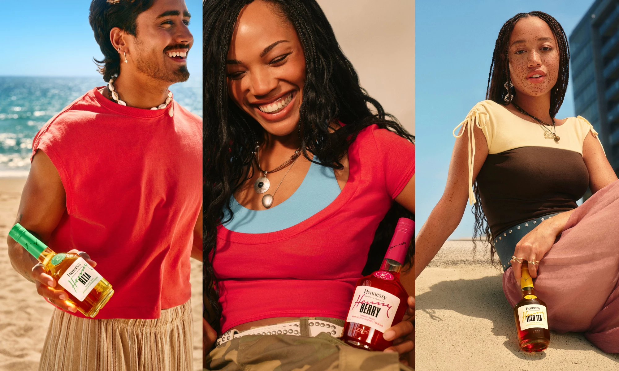 Quenlin Blackwell, Salem Mitchell, and Michael Ciminohold Hennessy Very Special Cocktails in beachside scenes for the “It’s Henny Season” launch.