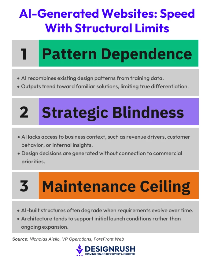 Infographic showing three limitations of AI-generated websites: pattern dependence, strategic blindness, and maintenance ceiling.
