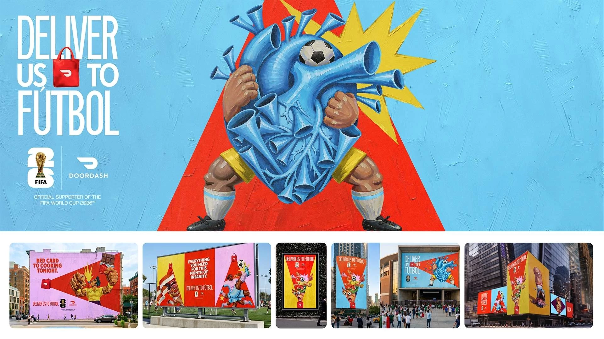 doordash-heart-of-football An absurd illustration of a heart and football. Various OOH placements across cities.