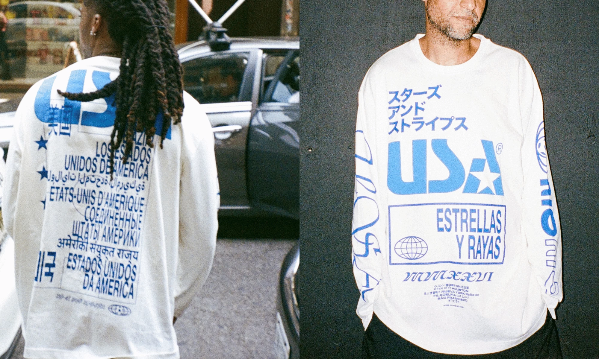 WIGZ Shows the Immigrant Jersey Across Everyday America People wear WIGZ’s white Immigrant Jersey in street and grocery-store settings, showing the blue multilingual “USA” design.