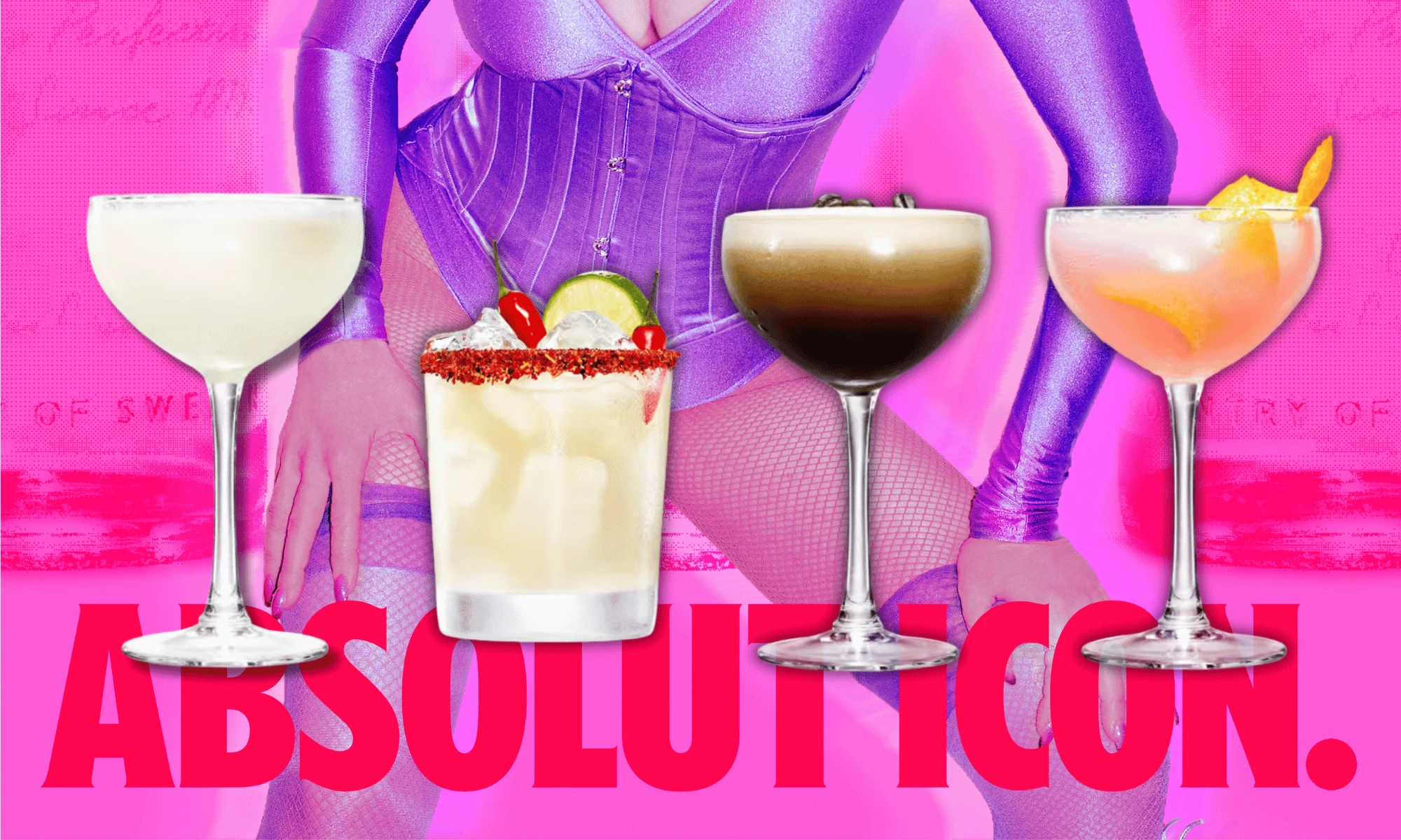Four Absolut cocktails appear in front of pink “ABSOLUT ICON.” campaign artwork with a purple bodysuit in the background.