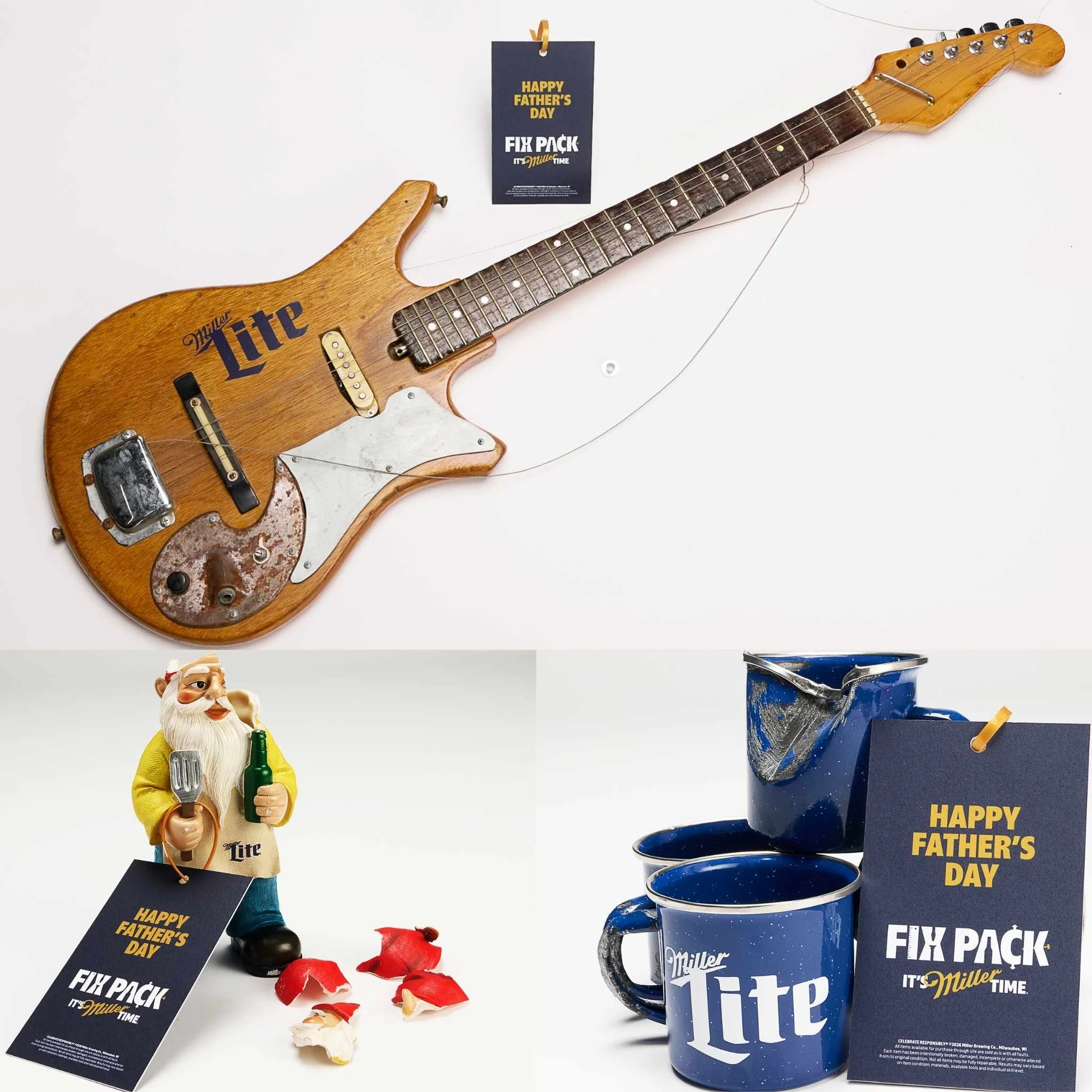 A Miller Lite branded guitar with missing strings, broken garden gnome, and dented tin cups