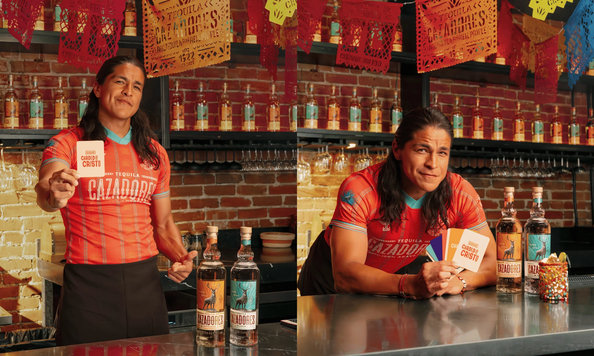 Real Fan Cards Lead the CAZADORES Campaign Cristo Fernández in a red CAZADORES jersey presents “Carded by Cristo” fan cards beside tequila bottles and a colorful cocktail at a bar.