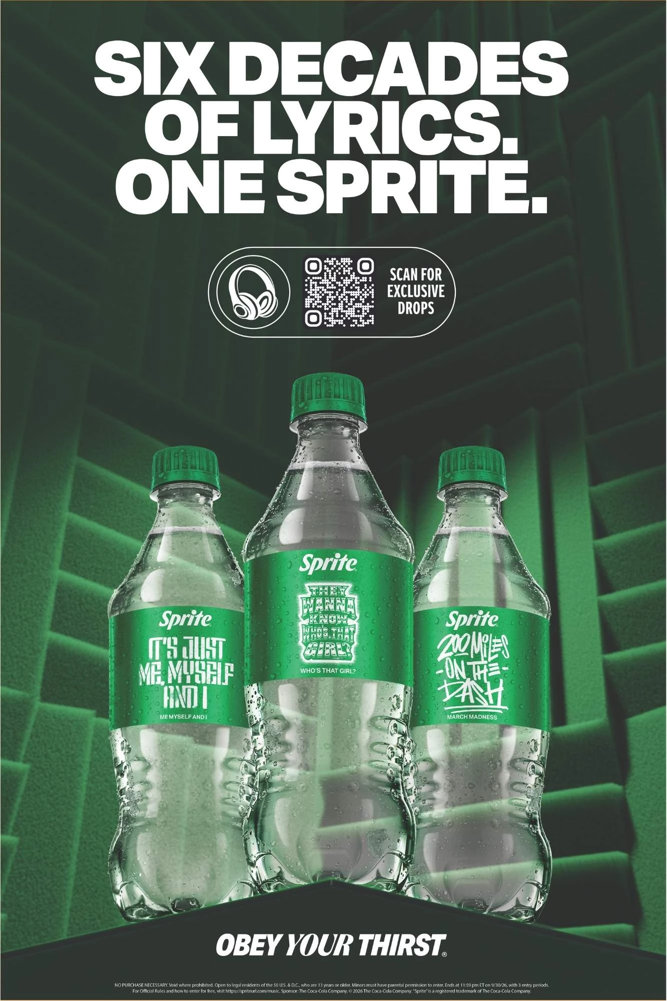 Three Sprite bottles with hip-hop lyrics celebrating 6 decades of the culture.
