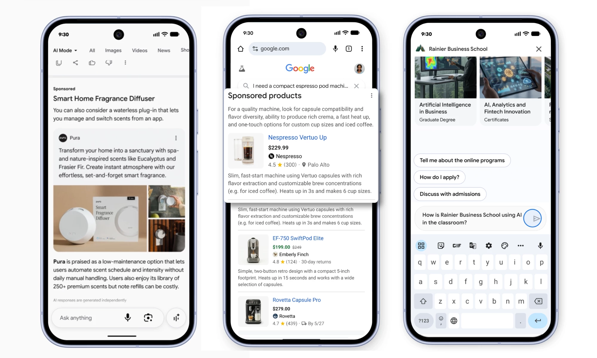 Three Google AI Mode screens showing the platform's new advertising formats. A sponsored product appears inside a conversational AI answer, a "Sponsored products" panel responds to a shopping query, and a brand chat lets users ask a business questions directly.
