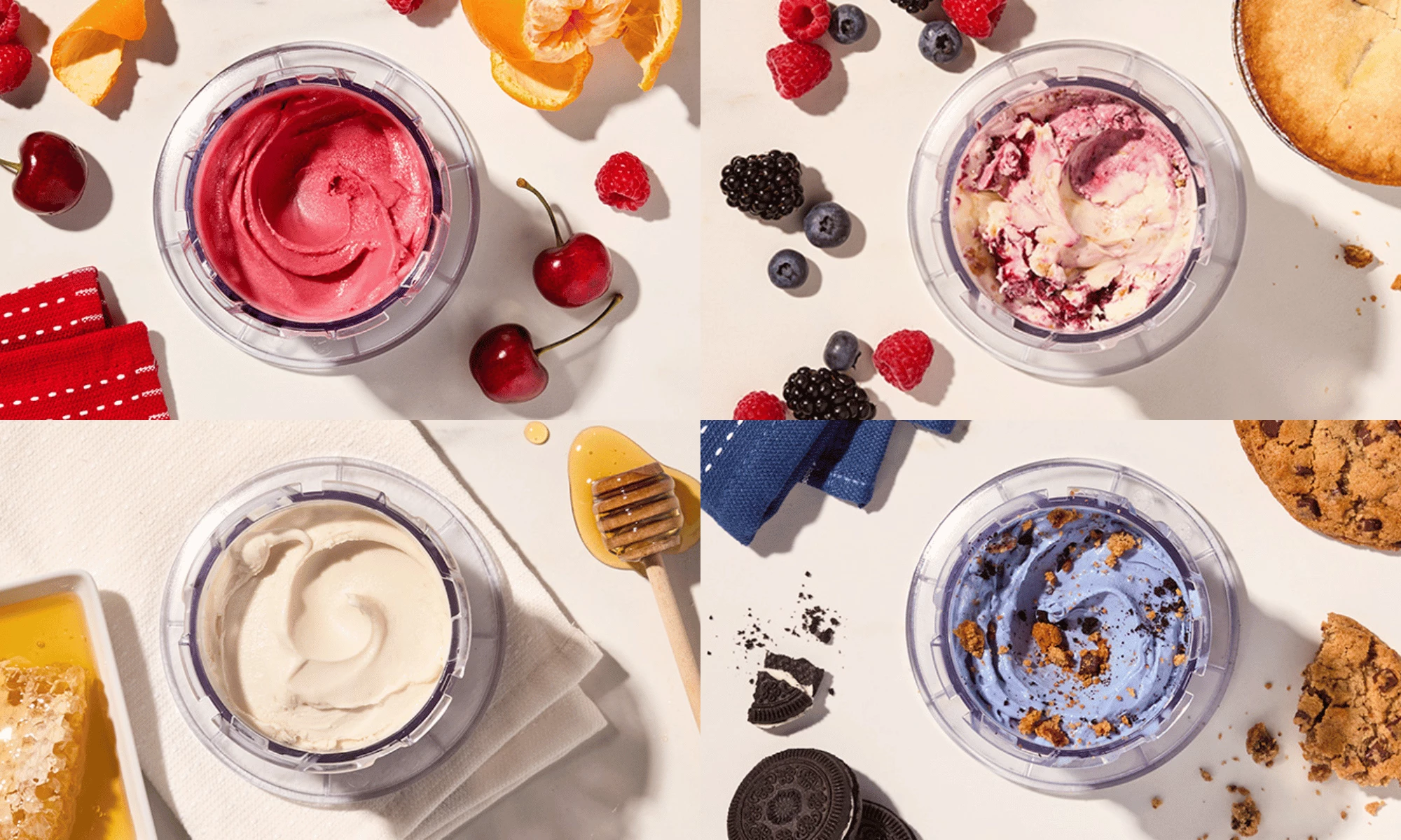 Cuisinart’s Red, White, and Blue FastFreeze Themed Recipes Four colorful frozen desserts sit in FastFreeze cups alongside berries, cherries, cookies, honey, and red, white, and blue napkins.