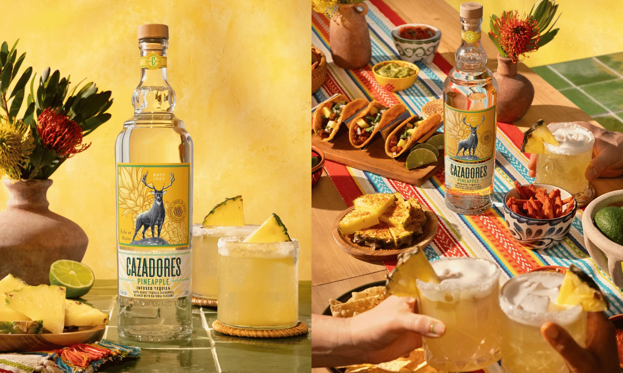 A split image shows CAZADORES Pineapple Infused Tequila with two cocktails on one side and guests raising pineapple drinks beside tacos and snacks on the other.