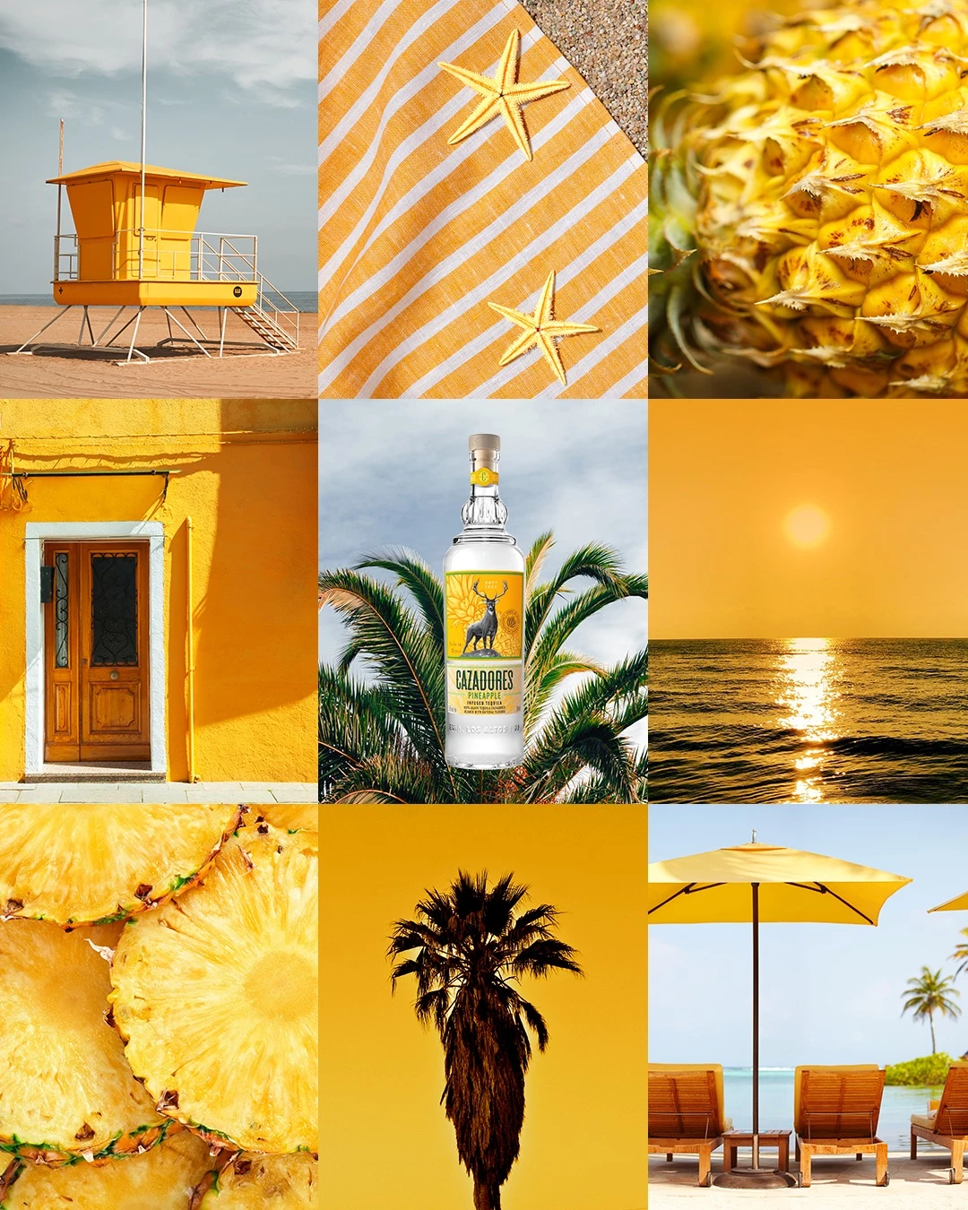 A nine-panel collage combines a CAZADORES Pineapple Infused Tequila bottle with pineapples, a beach, palm trees, a lifeguard tower, and other yellow summer scenes.