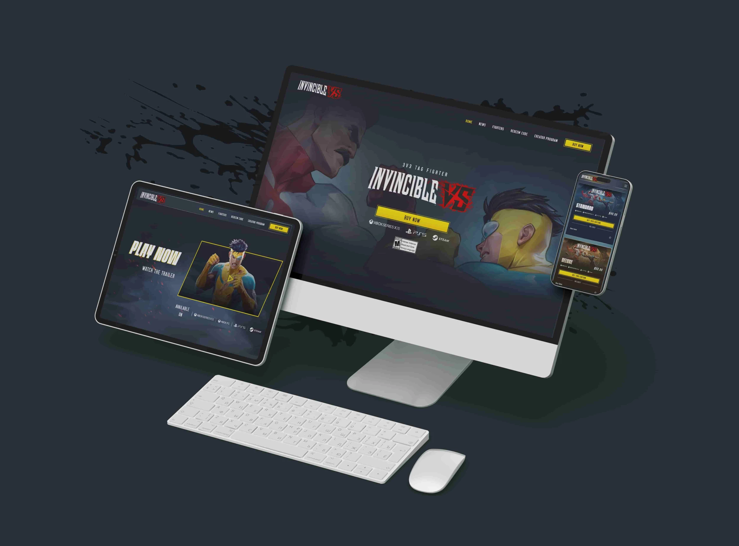 Zero Negative's Invincible VS Website Design Across Desktop, Tablet, and Mobile The Invincible VS website shown across an iMac, tablet, and phone, featuring the game's homepage, purchase editions, and a "Play Now" trailer section, all built around the franchise's high-energy visual identity.