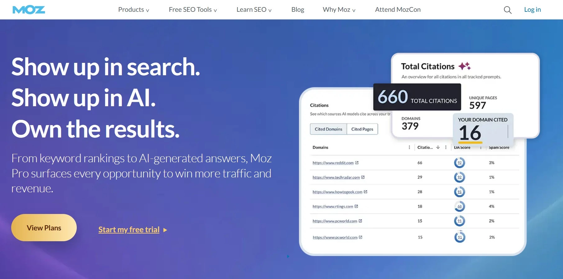 Moz Pro Moz Pro backlink checker homepage.