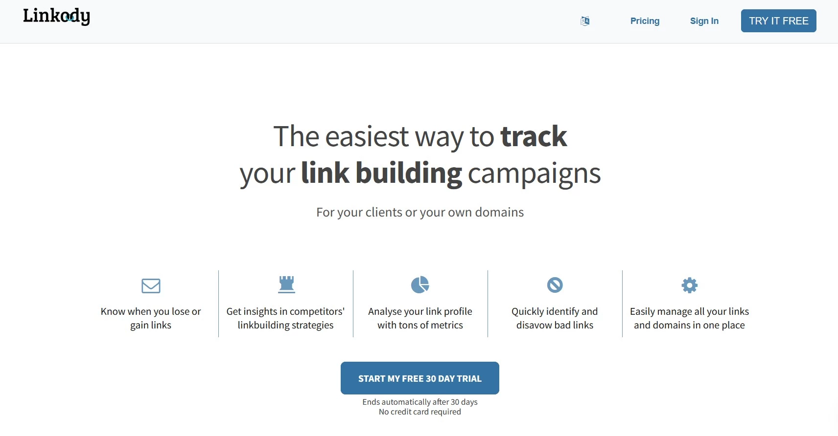 Linkody Linkody backlink checker homepage.