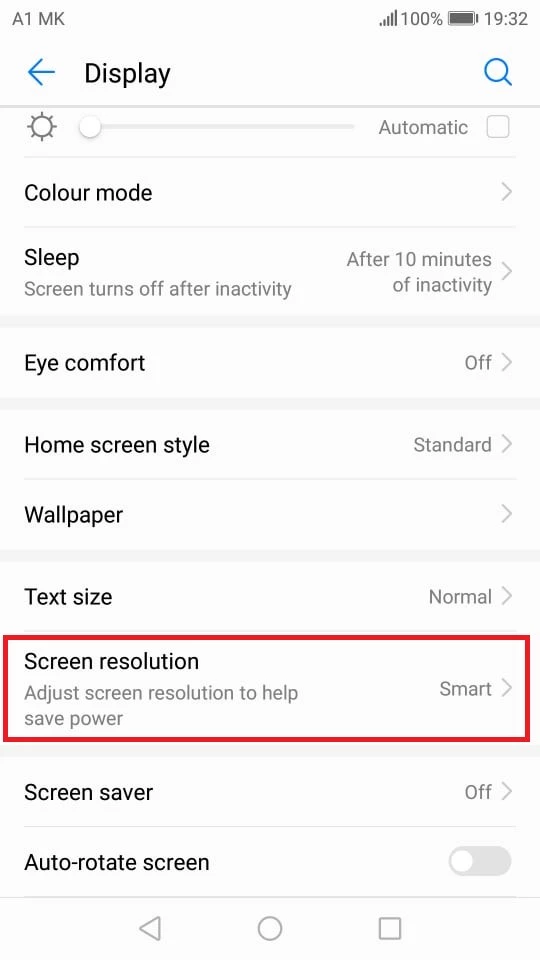 What is my screen resolution: screen resolution option on Android