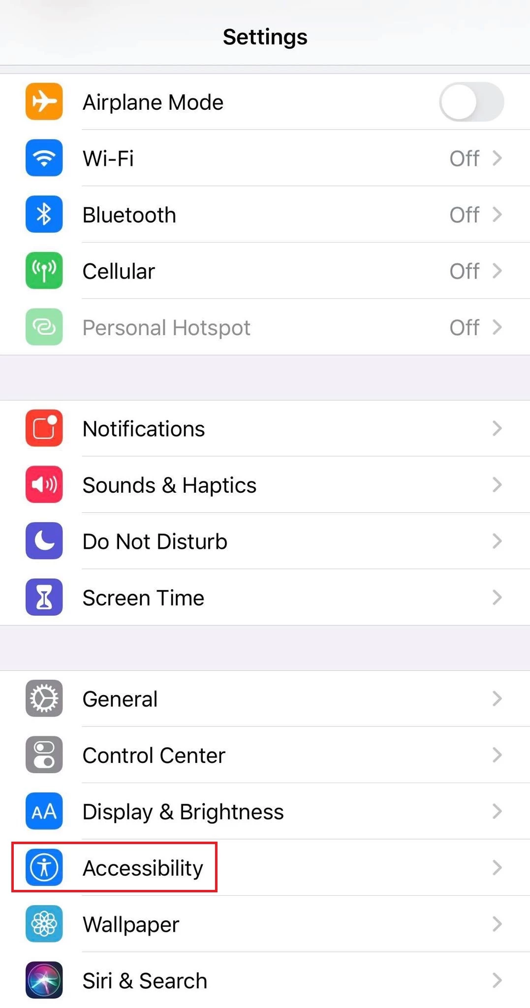 iPhone settings