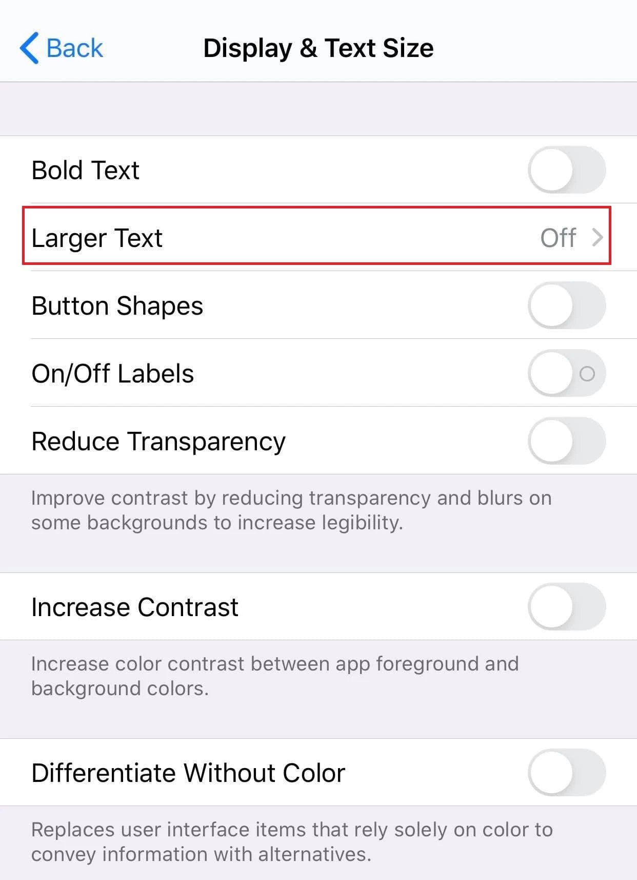 text size settings on iPhone