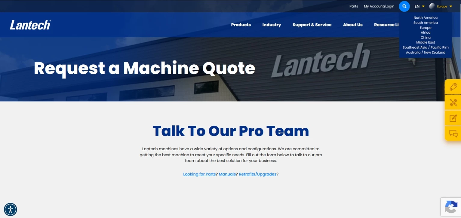 Lantech Request a Quote page with global options