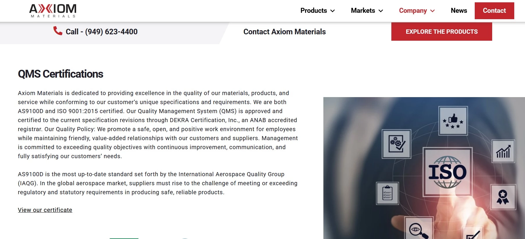 Axiom Materials Quality and Testing page
