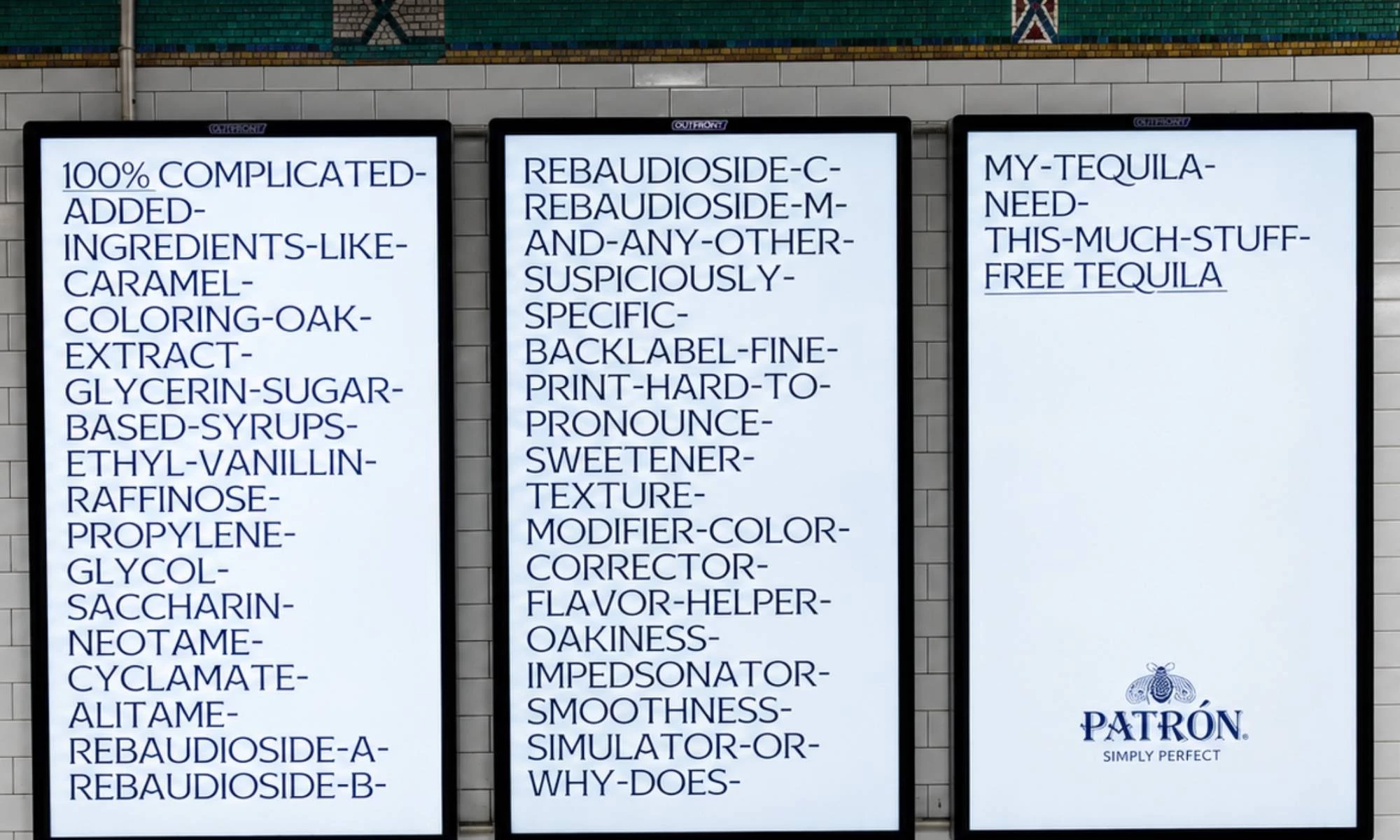 patron-workaround Three-panel OOH with overly complex ingredient listings.