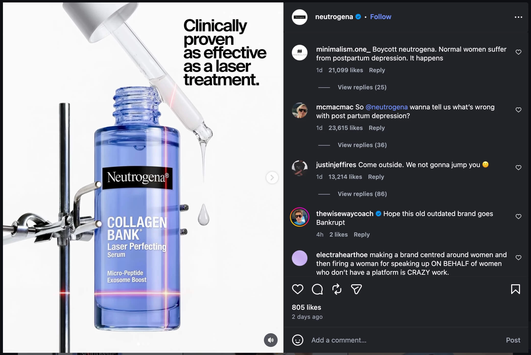 A screenshot showing some negative comments on Neutrogena's latest Instagram post. 