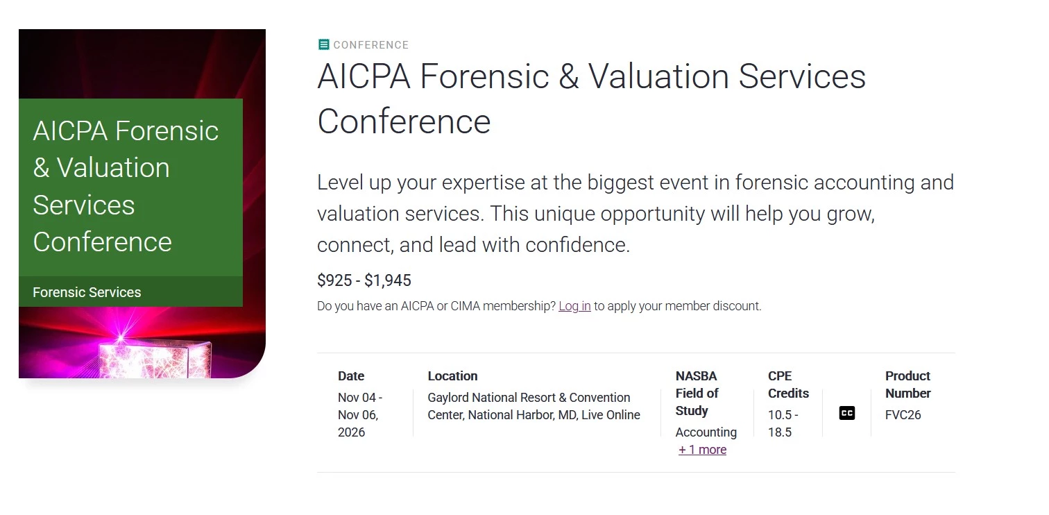 AICPA Forensic & Valuation Services Conference AICPA Forensic & Valuation Services Conference accounting event homepage.