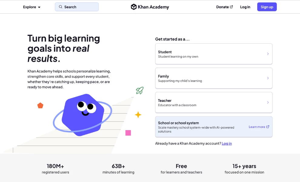 Khan Academy homepage role selector, education website design example