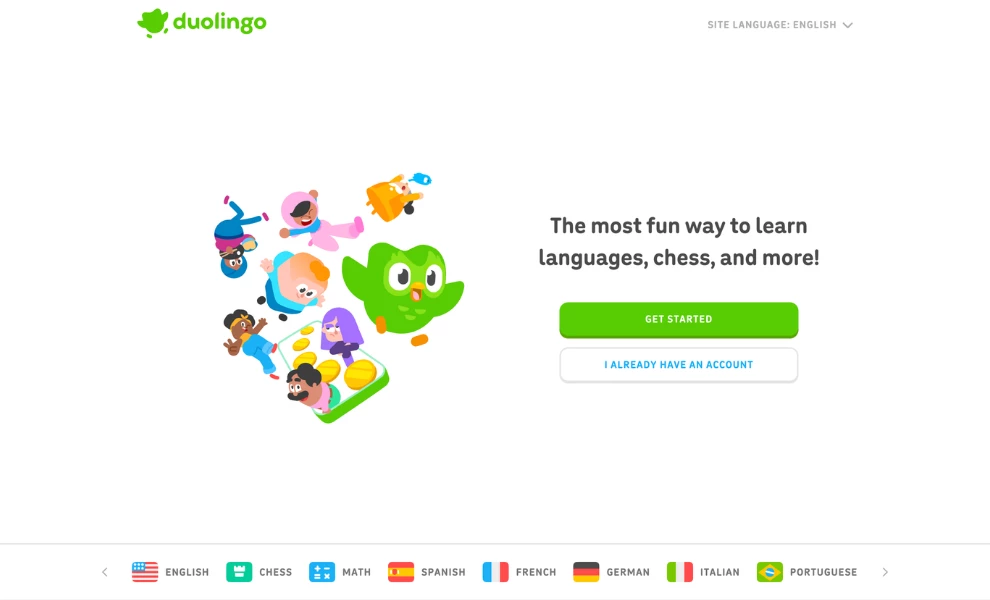 Duolingo homepage with two calls to action, education website design example