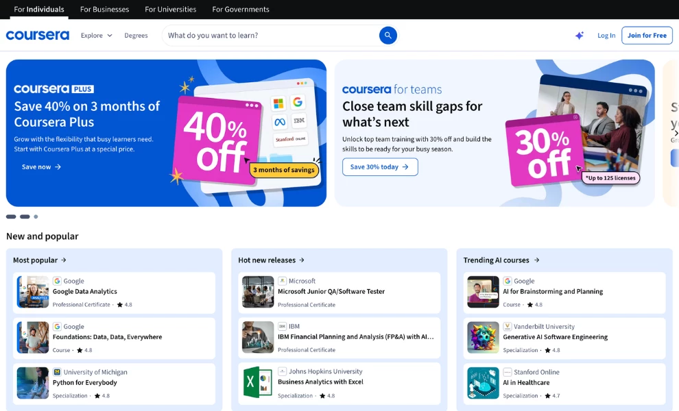 Coursera homepage buyer-type navigation, education website design example